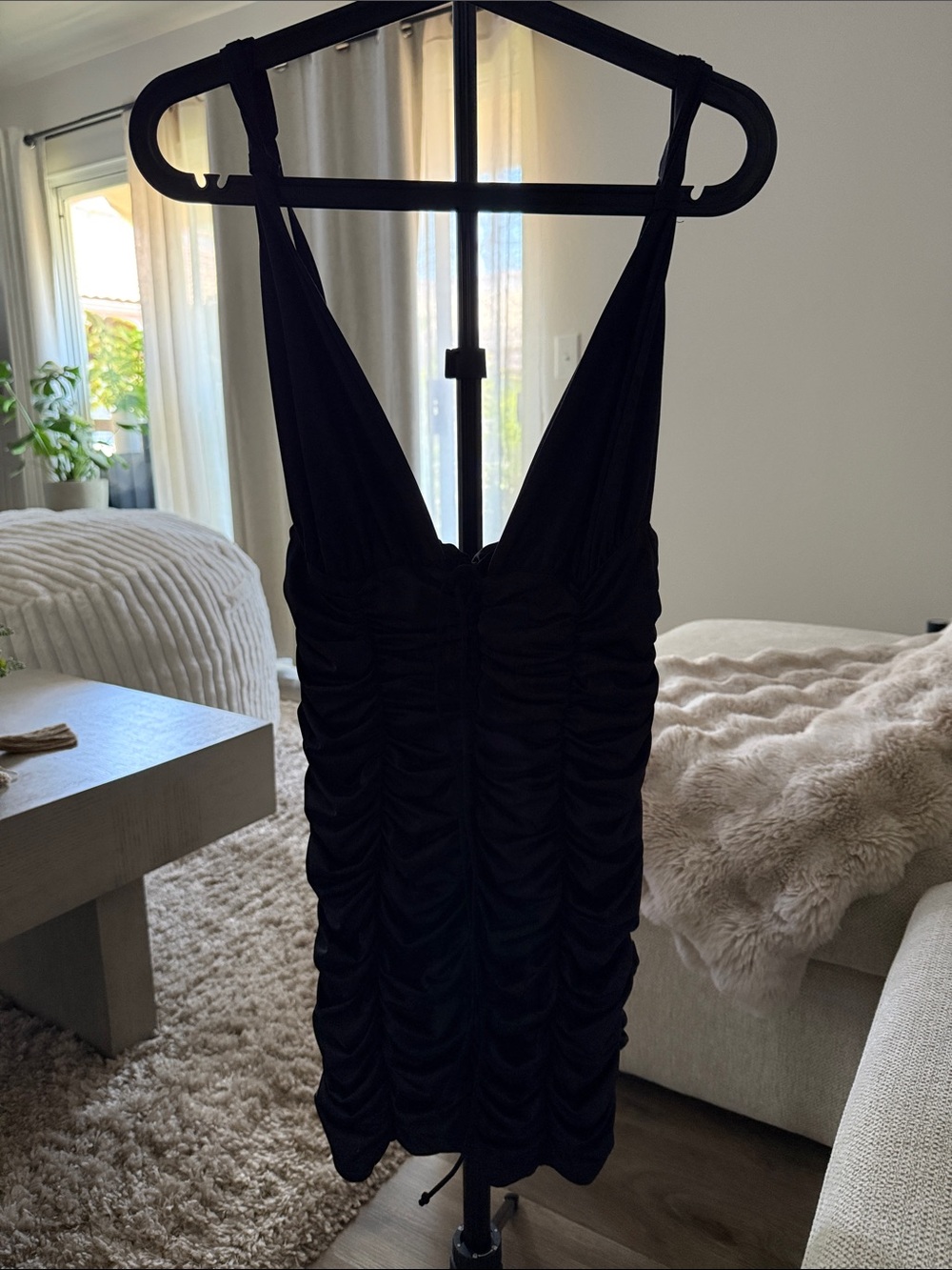 Black Ruched V-Neck Women's Dress